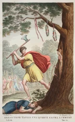 Erysichthons Stolz oder Eresictone fällt eine heilige Eiche für Ceres, Buch VIII, Illustration aus Ovids Metamorphosen, Florenz